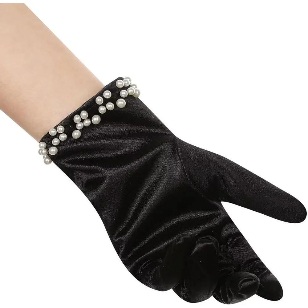 Women's Black Satin Pearl Short Length Wrist Gloves Wedding Banquet Party Prom